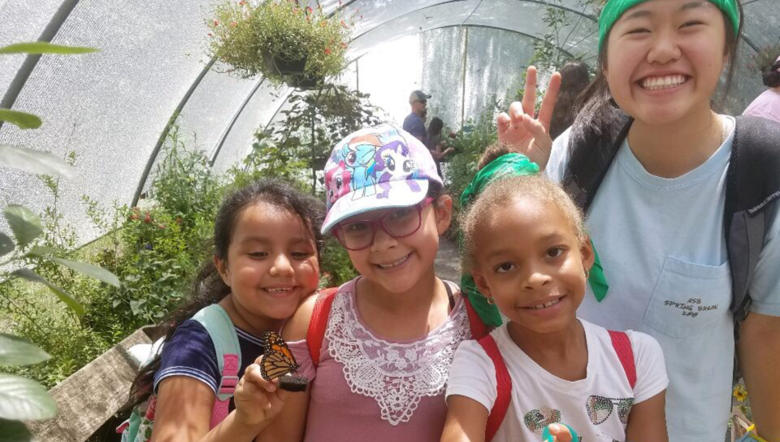 Four girls smiling at the camera inside a green house